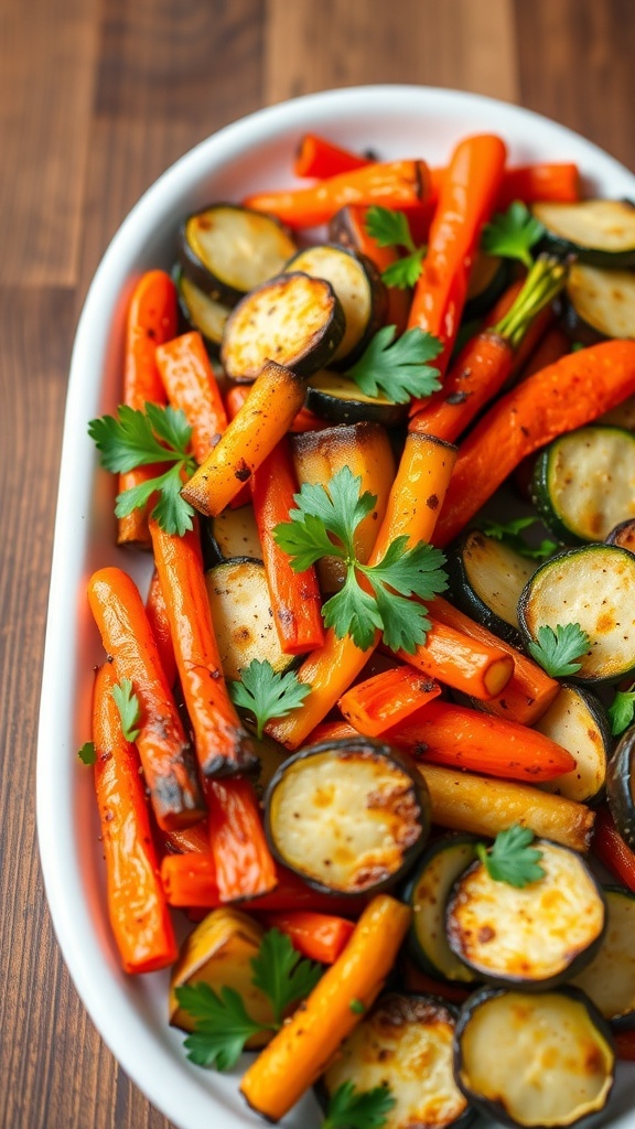 A colorful array of crispy roasted vegetables including carrots, bell peppers, and zucchini, garnished with parsley on a rustic table.